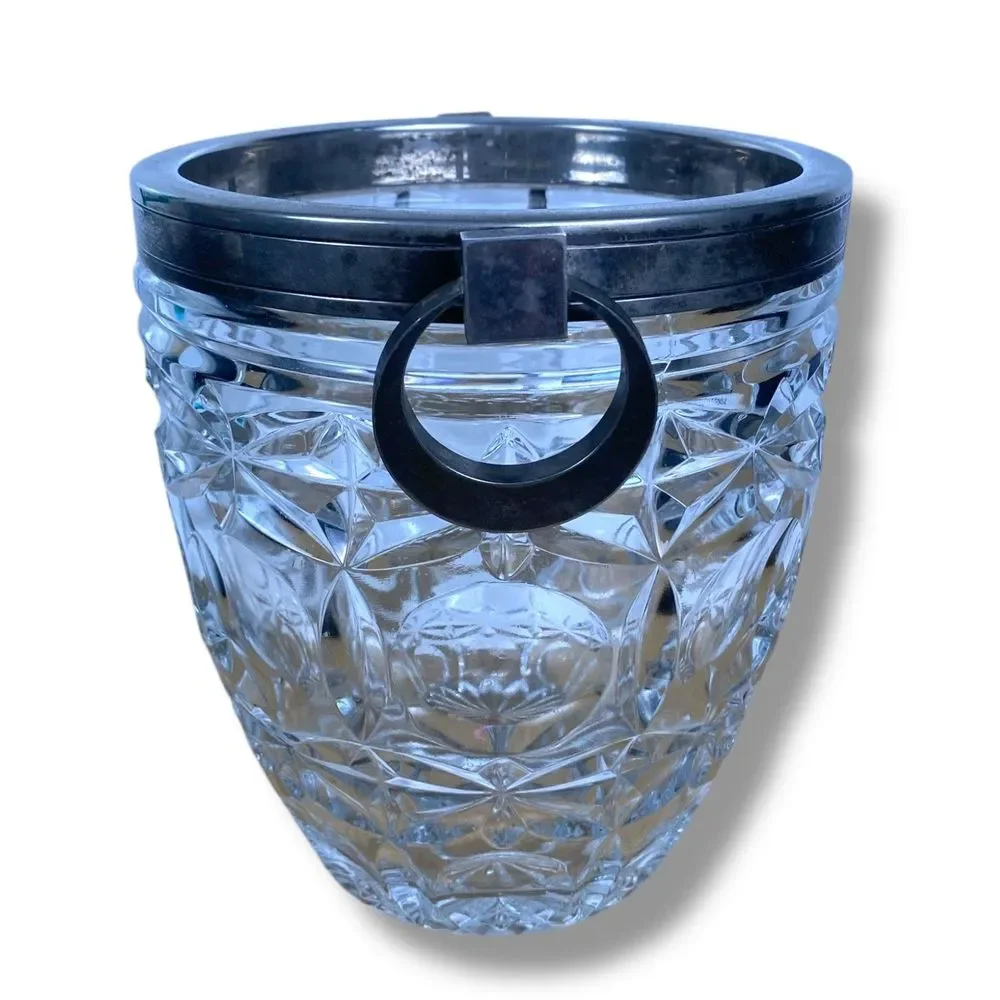 Vintage French Cut‎ Glass Ice Bucket Silver Plate Ring Handles Barware Heavy- SS